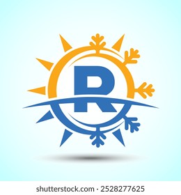 Initial alphabet R with abstract sun and snow. Air conditioner logo sign, Hot and cold symbol