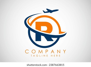 Initial alphabet R with aeroplane. Travel icons. Aviation logo sign, Flying symbol. Flight icon