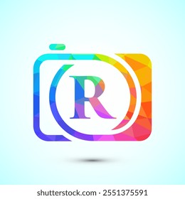 Initial alphabet R with a camera icon. Low poly style logo for photography business