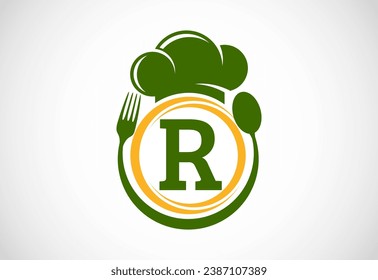 Initial alphabet R with chef hat, spoon and fork. Modern vector logo for cafe, restaurant, cooking business, and company identity