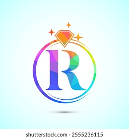 Initial alphabet R in a circle with diamond. Diamond ring logo. Jewelry logo design concept