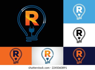 Initial alphabet R with an electric bulb. Electric bulb logo vector template. Electricity logo