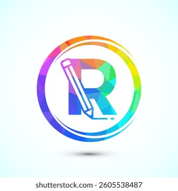 Initial alphabet R with a pencil icon. Logo for education, student or corporate identity, low poly style