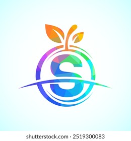 Alfabeto inicial S com o logotipo abstrato da maçã. Modelo de design de logotipo de alimentos saudáveis