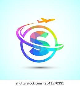 Initial alphabet S with aeroplane. Travel icons. Aviation logo sign, Flying symbol. Flight icon low poly style