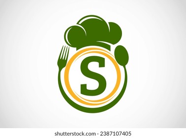Initial alphabet S with chef hat, spoon and fork. Modern vector logo for cafe, restaurant, cooking business, and company identity