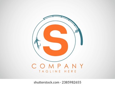 Initial alphabet S with fishing rod and hook. Fishing logo concept vector illustration. 