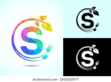 Initial alphabet S with a fork, spoon, and leaf. Healthy natural food logo concept