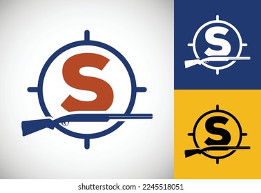 Initial alphabet S with gun and target sign. Inspiration hunting club logo vector. Hunting logo