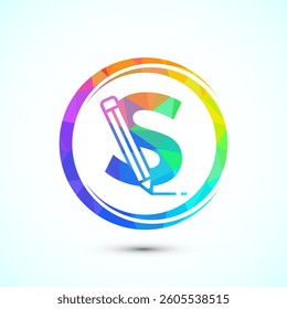 Initial alphabet S with a pencil icon. Logo for education, student or corporate identity, low poly style