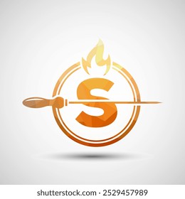 Alfabeto inicial S con un pincho y llama de fuego. Diseño de logotipo de polietileno bajo para barbacoa, kebab Seekh, etc.