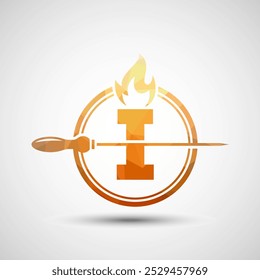 Alfabeto inicial I com um espeto e chama de fogo. Baixo design de logotipo poli para churrasco, busca Kebab, etc.