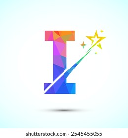 Initial alphabet I with swoosh and star logo icon. Abstract star logo sign symbol design