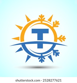 Initial alphabet T with abstract sun and snow. Air conditioner logo sign, Hot and cold symbol