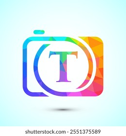 Initial alphabet T with a camera icon. Low poly style logo for photography business