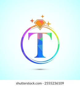 Initial alphabet T in a circle with diamond. Diamond ring logo. Jewelry logo design concept