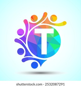 Alfabeto inicial T com pessoas conectadas. Equipe, símbolo de logotipo de cooperação