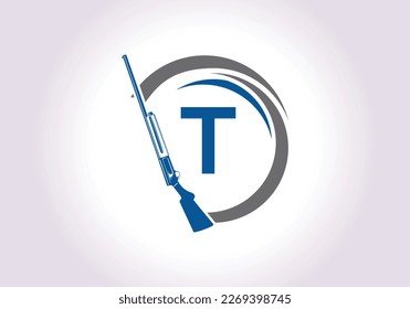Alfabeto inicial T con signo de pistola. Plantilla vectorial del logotipo del club de caza de inspiración. 