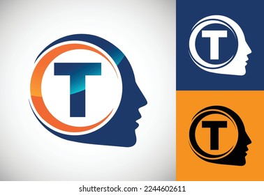 Initial alphabet T with the human brain, A Logo for science, medical research, technology, AI