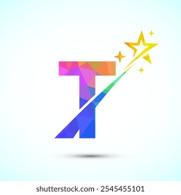 Alfabeto inicial T con el icono del logotipo swoosh y de la estrella. Diseño Abstractas del símbolo del logotipo de la estrella