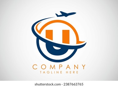 Alfabeto inicial U con avión. Iconos de viaje. Símbolo del logotipo de aviación, símbolo de vuelo. Icono de vuelo