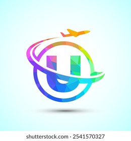 Alfabeto inicial U com avião. Ícones de viagem. Sinal de logotipo de aviação, símbolo de voo. Ícone de voo com baixo estilo poli