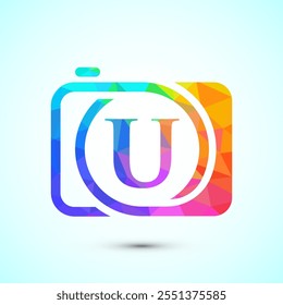 Initial alphabet U with a camera icon. Low poly style logo for photography business