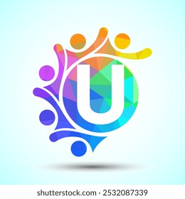 Initial alphabet U with connecting people. Team, cooperation logo sign symbol