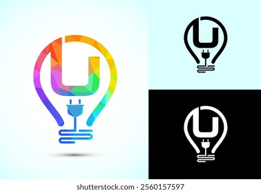Initial alphabet U with an electric bulb and plug. Electricity logo design template low poly style