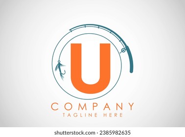 Initial alphabet U with fishing rod and hook. Fishing logo concept vector illustration. 