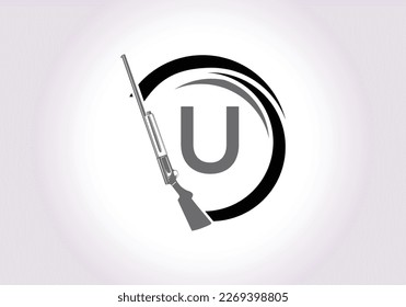 Initial alphabet U with gun sign. Inspiration hunting club logo vector Template. 