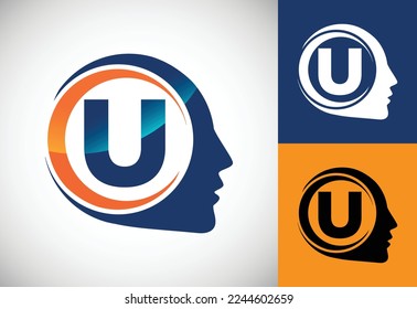 Initial alphabet U with the human brain, A Logo for science, medical research, technology, AI