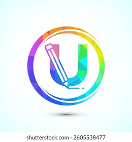 Initial alphabet U with a pencil icon. Logo for education, student or corporate identity, low poly style