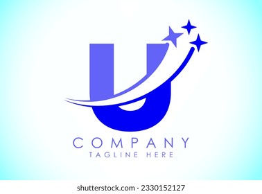 Initial alphabet U with swoosh and star sign. Shooting star logo design vector template for business and company identity