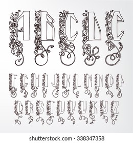 Initial alphabet (uppercase) Slavic style with floral motifs (black and white). The image can be used to print books, bulet, with design exhibitions