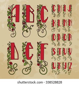 Initial alphabet (uppercase) Slavic style with floral motifs. Texture aged paper background. The image can be used to print books, bulet, with design exhibitions