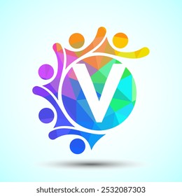 Anfangsalphabet V mit verbindenden Personen. Team, Zusammenarbeit Logo Zeichen Symbol