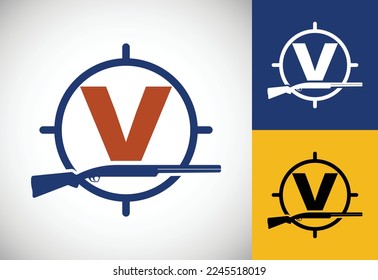 Initial alphabet V with gun and target sign. Inspiration hunting club logo vector. Hunting logo
