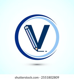 Initial alphabet V with a pencil icon. Logo for education, student or corporate identity