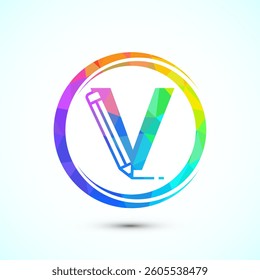 Initial alphabet V with a pencil icon. Logo for education, student or corporate identity, low poly style