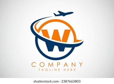 Initial alphabet W with aeroplane. Travel icons. Aviation logo sign, Flying symbol. Flight icon
