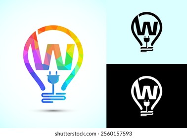 Initial alphabet W with an electric bulb and plug. Electricity logo design template low poly style