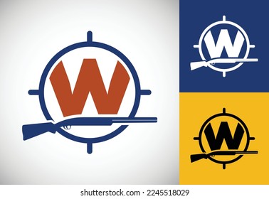 Alfabeto W inicial con pistola y signo de objetivo. Vector del logo del club de caza de inspiración. Logo de caza