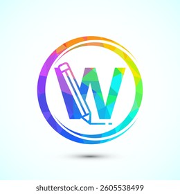 Initial alphabet W with a pencil icon. Logo for education, student or corporate identity, low poly style