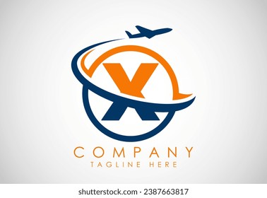 Initial alphabet X with aeroplane. Travel icons. Aviation logo sign, Flying symbol. Flight icon