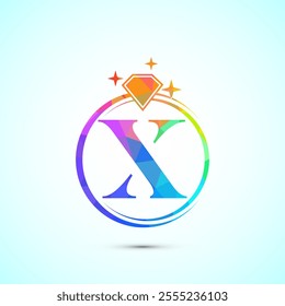 Initial alphabet X in a circle with diamond. Diamond ring logo. Jewelry logo design concept