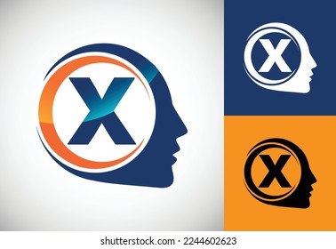Initial alphabet X with the human brain, A Logo for science, medical research, technology, AI
