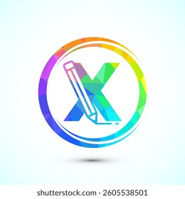 Initial alphabet X with a pencil icon. Logo for education, student or corporate identity, low poly style