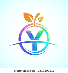 Initial alphabet Y with the abstract apple logo. Healthy food logo design template
