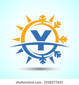 Initial alphabet Y with abstract sun and snow. Air conditioner logo sign, Hot and cold symbol